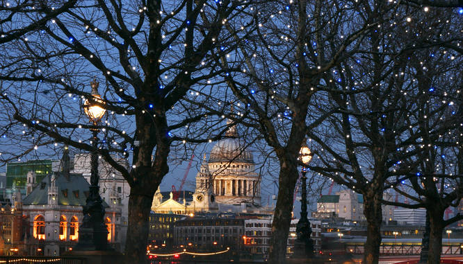 st paul's at night as seen through some winter trees covered in fairy lights