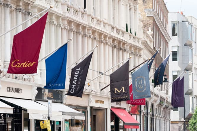 Glamorous boutique stores on Bond Street close to Marylebone 