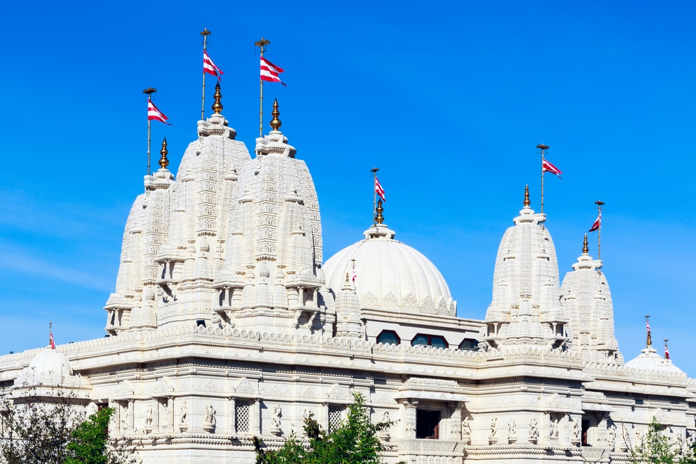 The exterior of the famous Neasden Temple on the outskirts of London, England