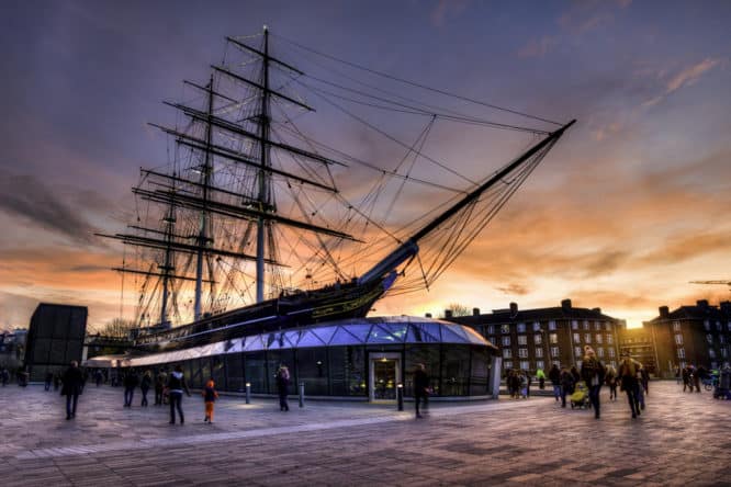 A picture of the Cutty Sark at sunset, one of the best things to do in Greenwich