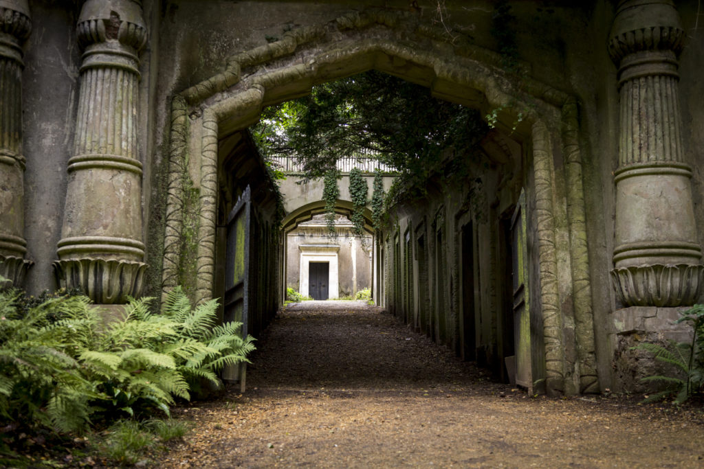 A view down one of the archway walkways in Highgate Cemetery