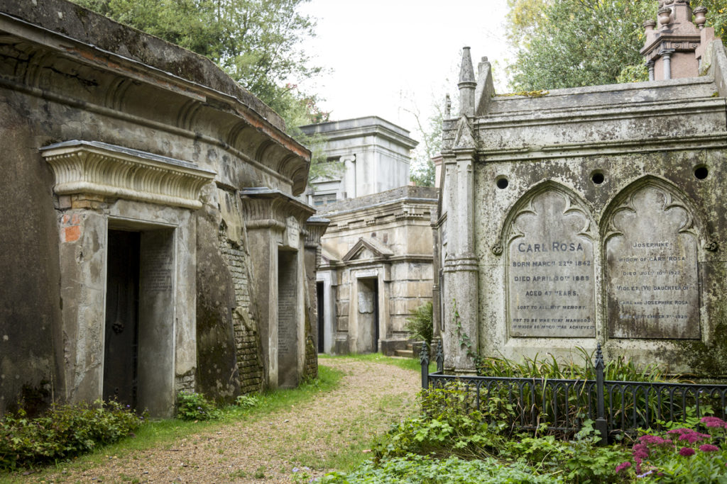 the pathway at highgate cemetery, winding its way past some tall mausoleums