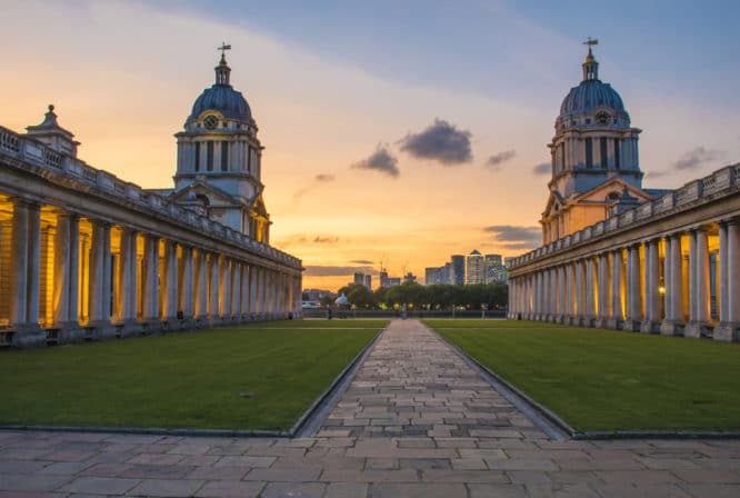 The Old Royal Naval College at sunset in Greenwich, one of the best things to do in London