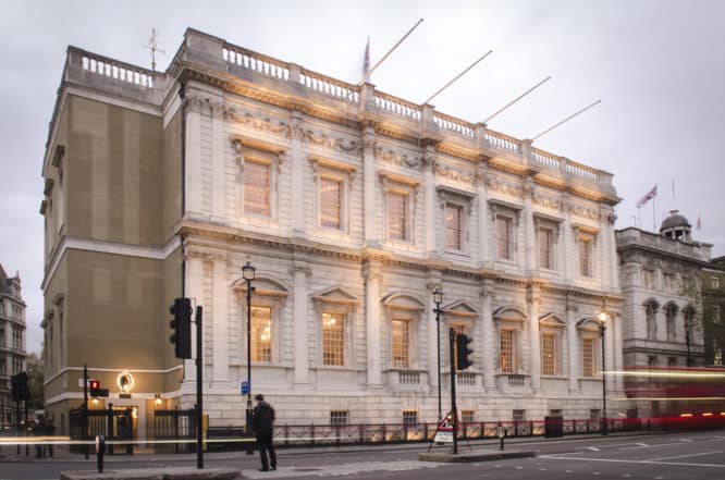The floodlit building of Banqueting House in Whitehall, London