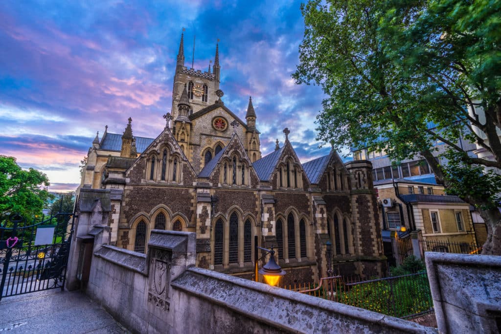 Southwark Cathedral with sunset sky