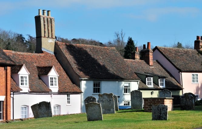 A collection of lovely cottages and a graveyard in the village of Castle Hedingham 