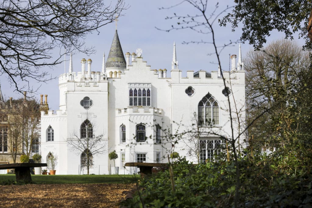 the pure white exterior of the gothic strawberry hill house building