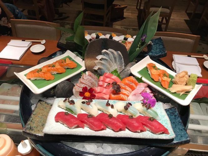 A delicious spread of sushi and other food at Nobu