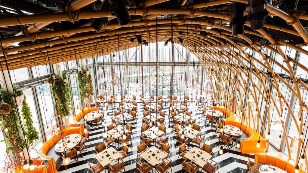 the black adn white chevron floored dining room of SUSHISAMBA, surrounded on all sides by huge glass windows showing the panoramic view of london