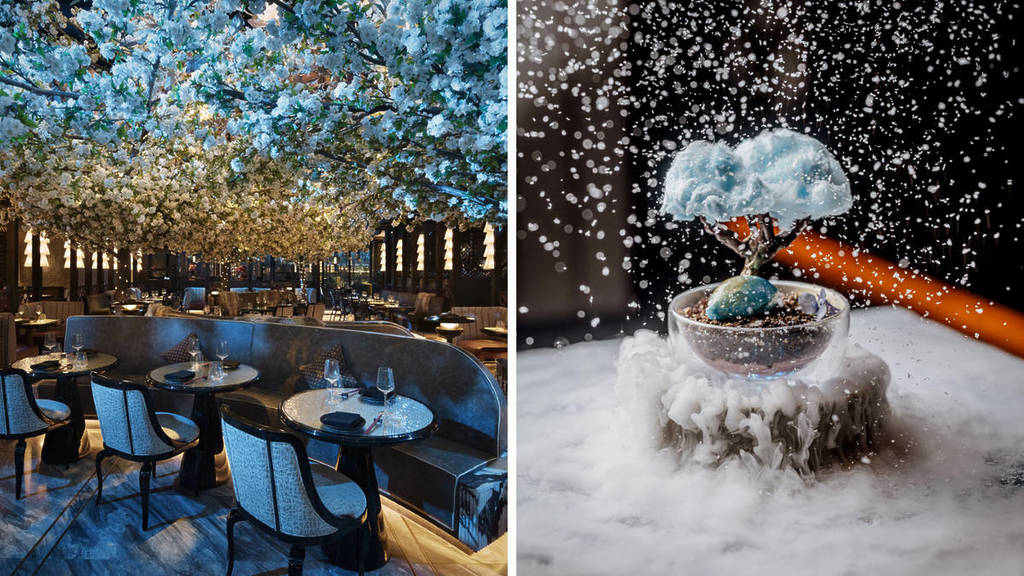 Left: Blue cherry blossom tree canopy above restaurant. Right: Winter Cherry Blossom Dessert