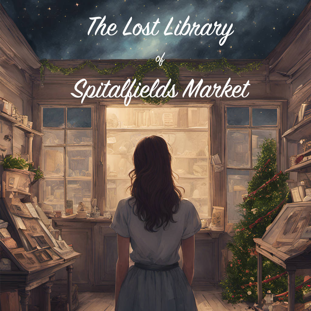 a poster for 'the lost library of spitalfields market' - an illustration of a girl in front of a mysterious looking shop