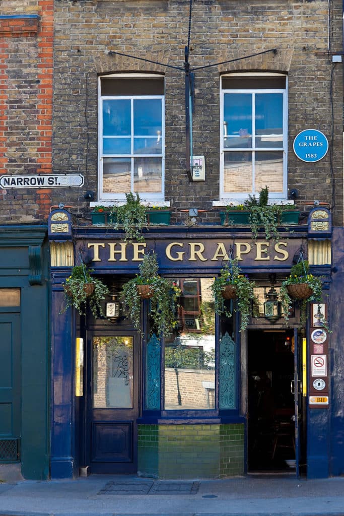 the exterior of the grapes pub