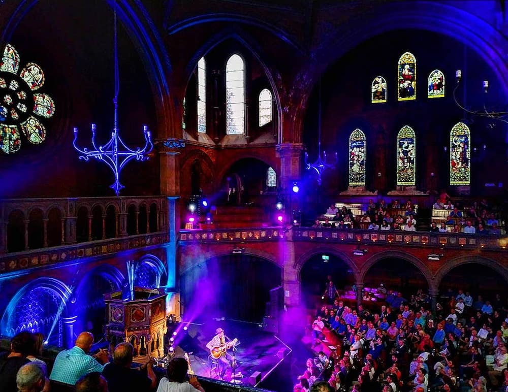 The interior of the magnificent Union Chapel bathed in light in Islington, London