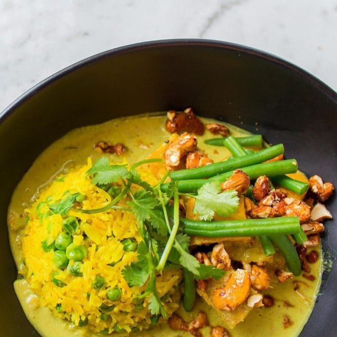 A delicious bowl of vegan curry served at Mildred's vegan restaurant in King's Cross
