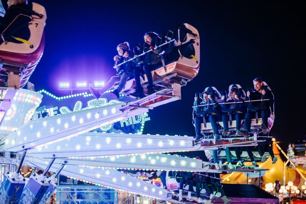 A group of people on a fairground ride at Winter Wonderland