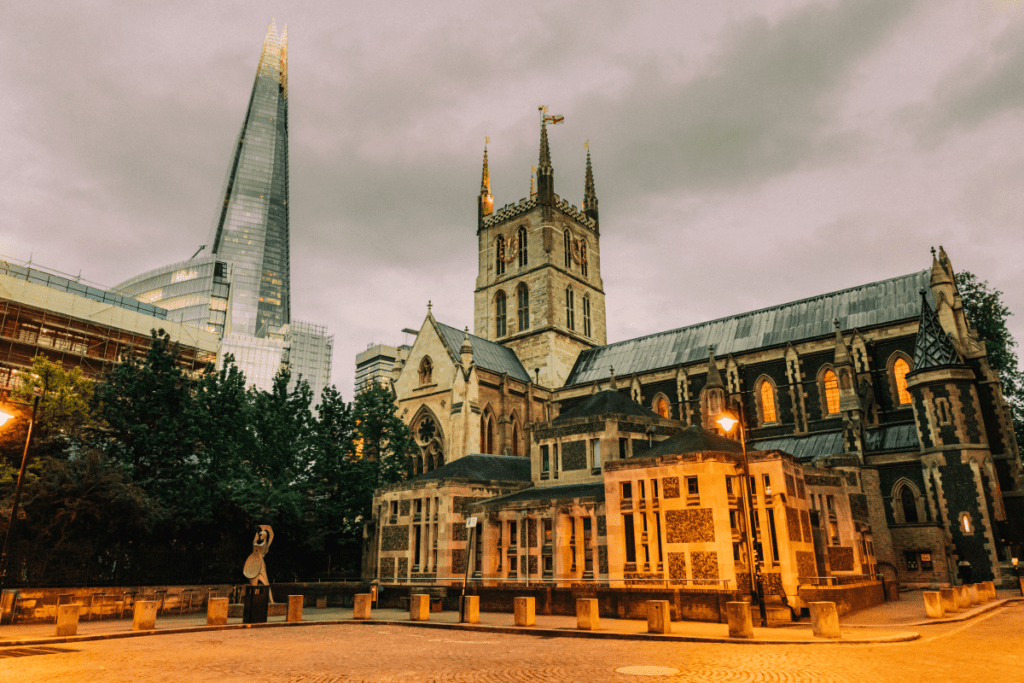 A shot of Southwark Cathedral with The Shard in the background