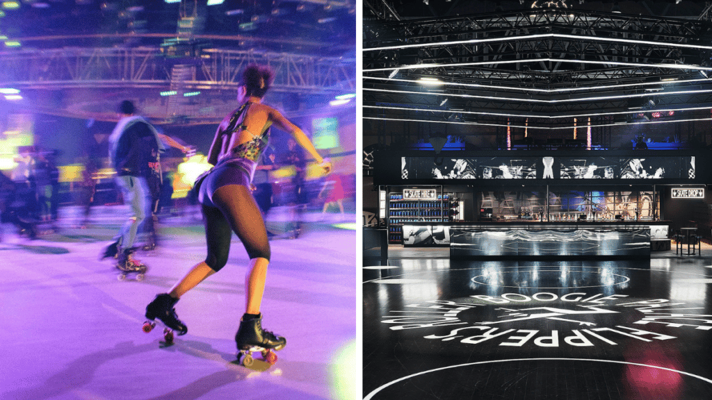 split image, on the left showing the flipper's roller boogie palace venue, and on the right showing someone skating