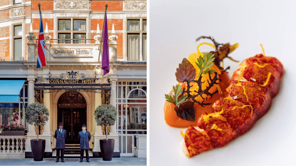 a split image showing the connaught hotel on the left and a lobster dish on the right