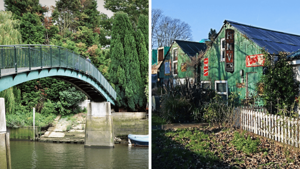 a split screen image showing the bridge that takes visitors to eel pie island, and some green artists houses on eel pie island