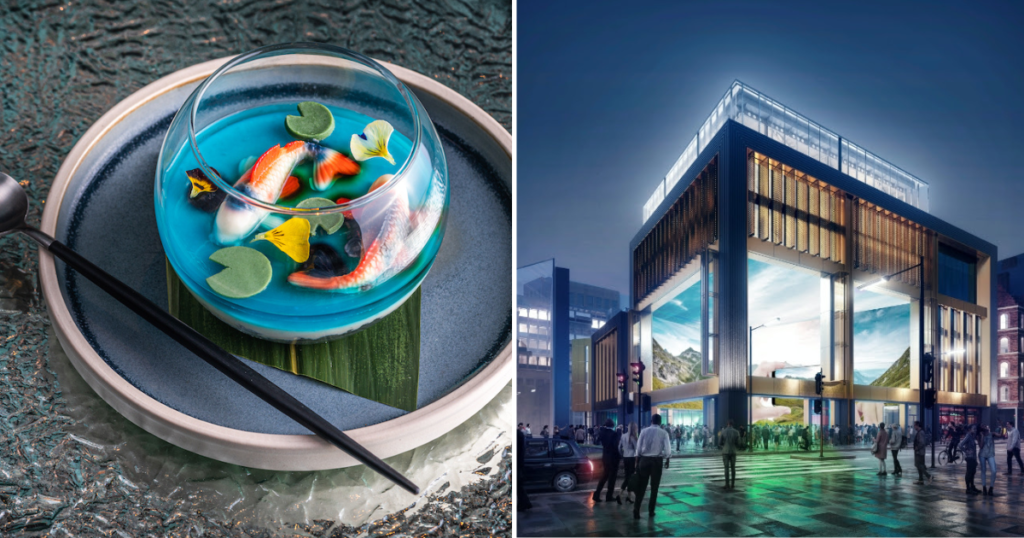 a split screen image of the panna cotta dessert at Tattu London and the Outernet building for a Tattu London review